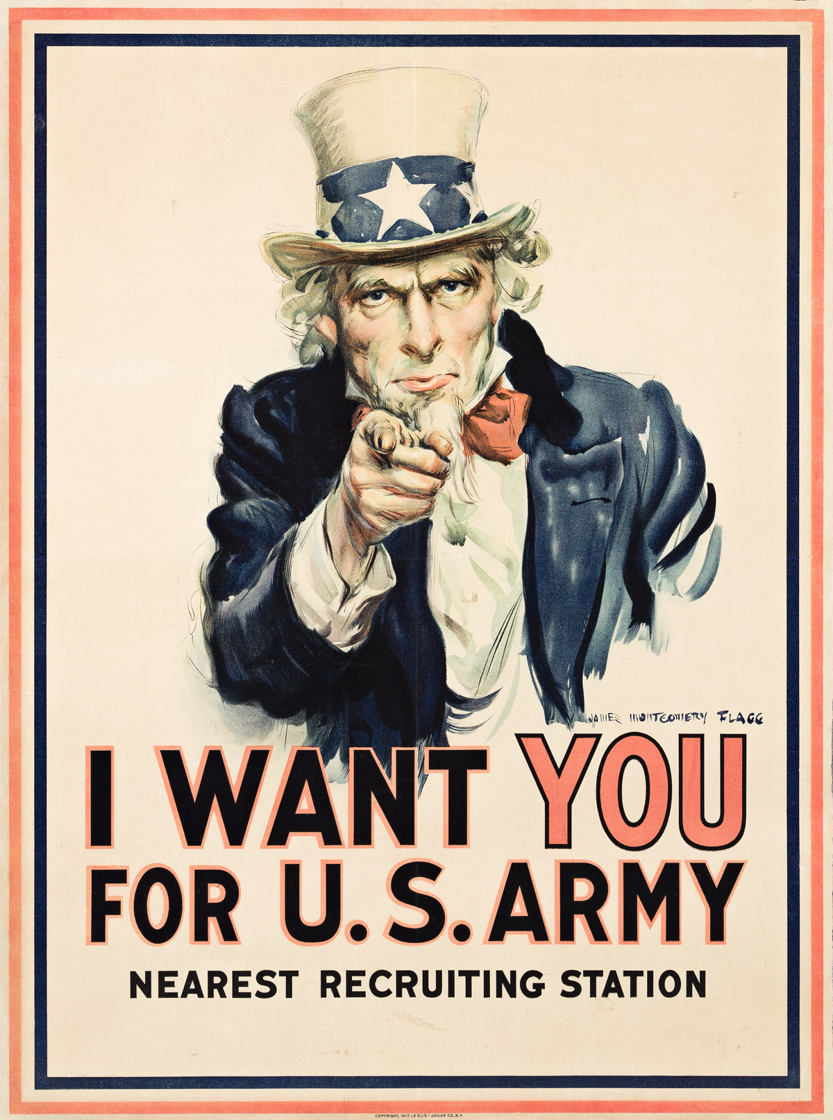 JAMES MONTGOMERY FLAGG (1870-1960).  I WANT YOU FOR U.S. ARMY. 1917. 39½x29¼ inches, 100¼x74¼ cm. Leslie-Judge Co., New York.